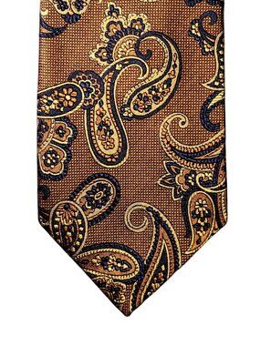 David Donahue Necktie Tie Brown Blue Gold Paisley Silk Woven Italy Handmade USA